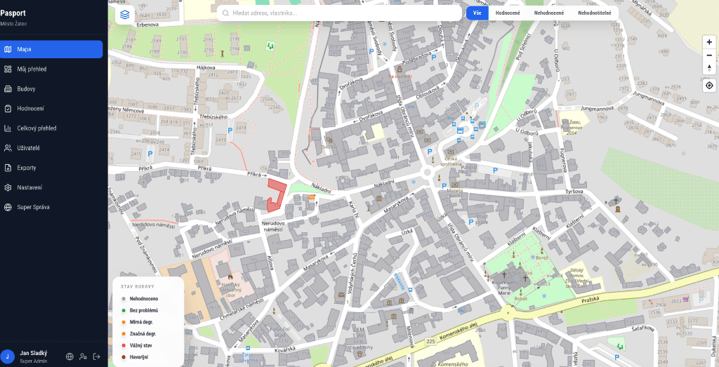Ukázka rozhraní aplikace Citypasport — interaktivní mapa Žatce a přehled budov